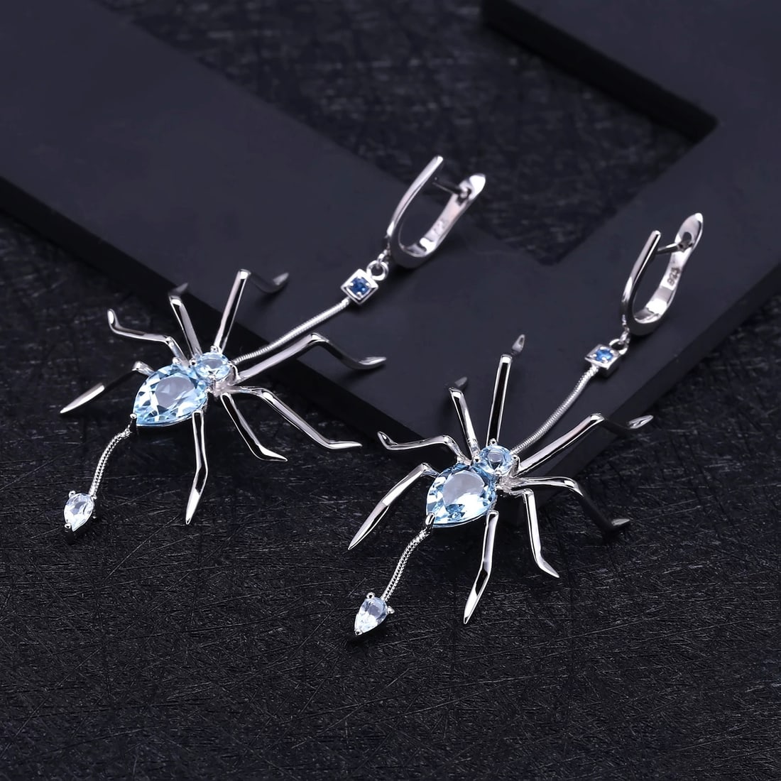 925 Sterling Silver 5.48 Ct Natural Topaz & Nano Swiss Blue & Spider Earrings - 5