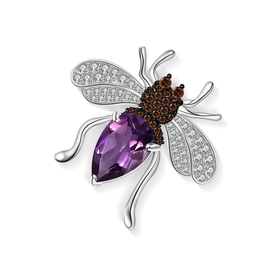 925 Sterling Silver Natural Amethyst & Cubic Zirconia & Insect Brooch: Ref:260821232 // gold content:925 sterling silver // main gemstone:amethyst // shape:pear // carat weight: // color:purple // treatment:natural // // adjacent gemstone 2 : cubic zirconia //