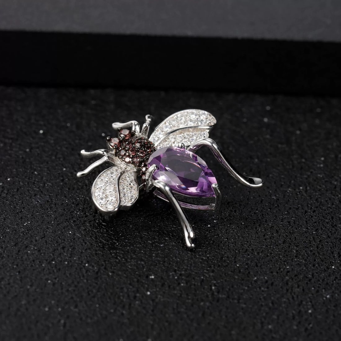 925 Sterling Silver Natural Amethyst & Cubic Zirconia & Insect Brooch - 3