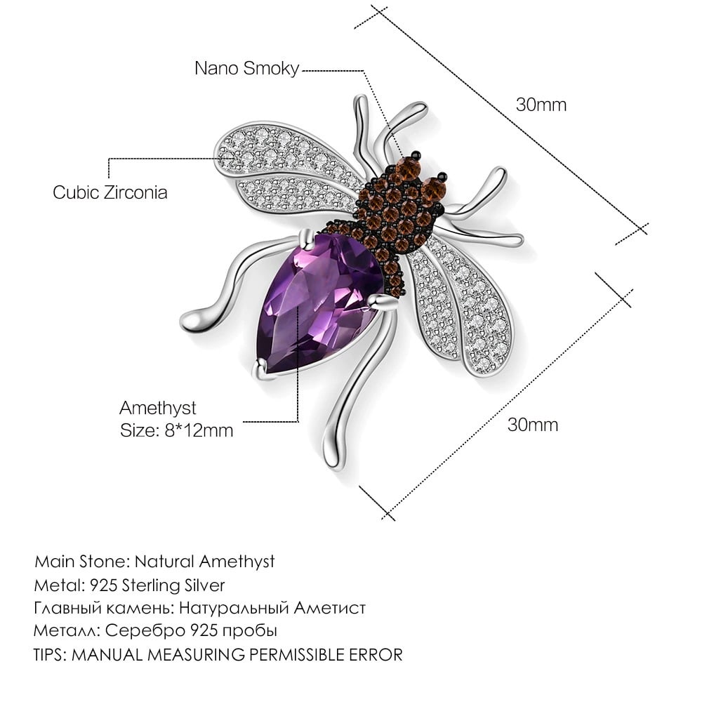 925 Sterling Silver Natural Amethyst & Cubic Zirconia & Insect Brooch - 4