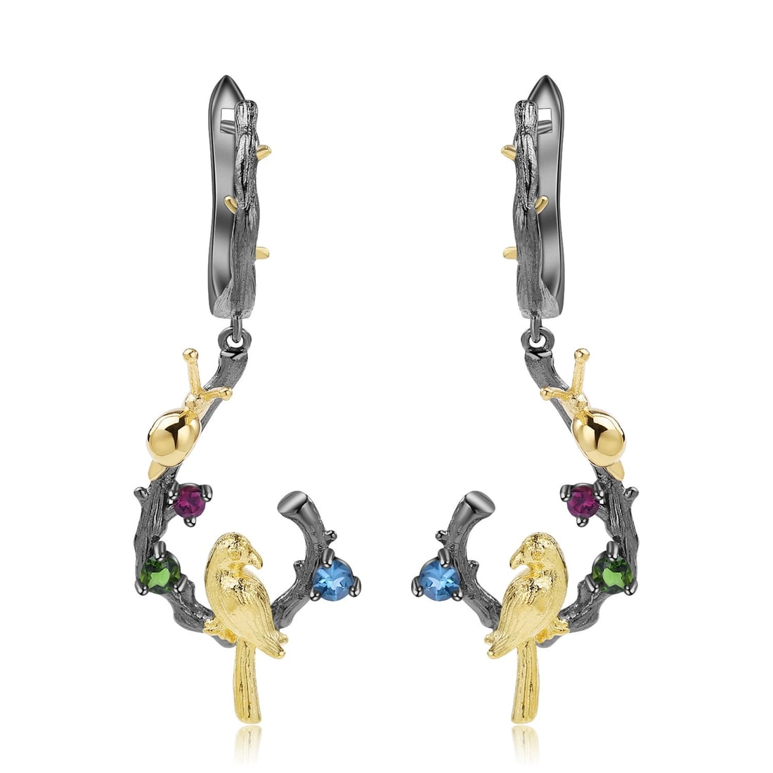 925 Sterling Silver Natural Topaz & Chrome Diopside & Rhodolite Garnet & Bird Earrings: Ref:260821233 // gold content:925 sterling silver // main gemstone:topaz // shape:round // carat weight: // color:blue // treatment:natural // cut grade:g // // adjacent gemstone 2 : chrome diopside