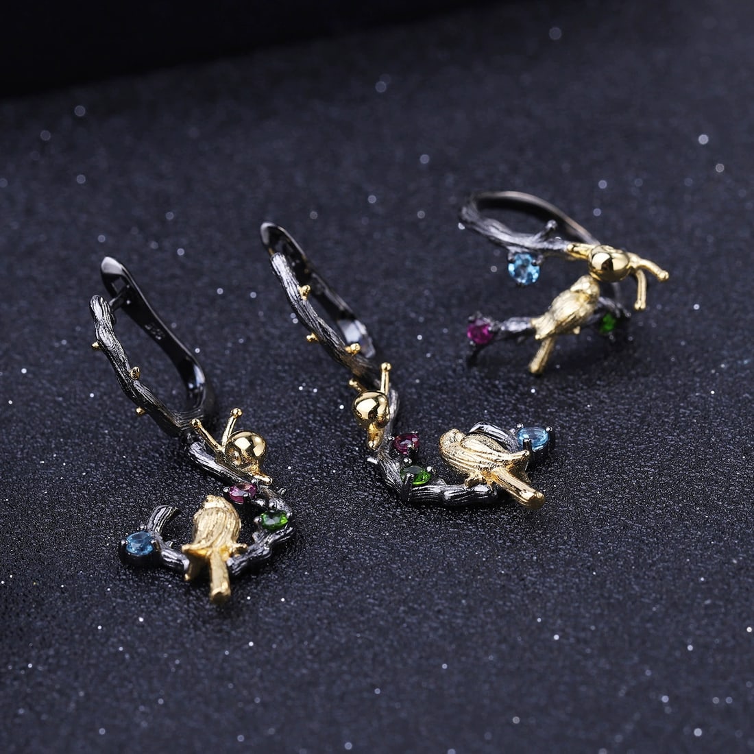 925 Sterling Silver Natural Topaz & Chrome Diopside & Rhodolite Garnet & Bird Earrings - 3