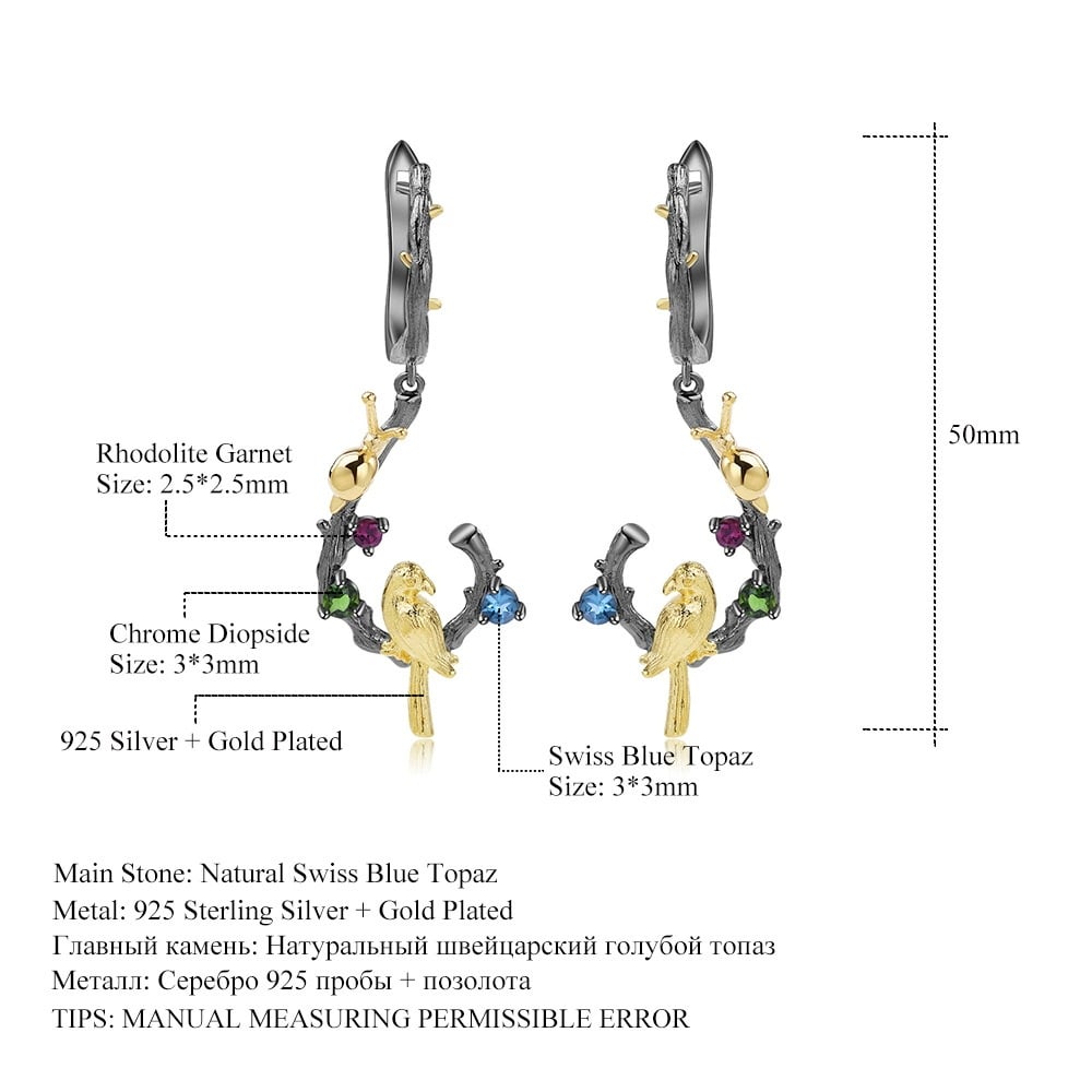 925 Sterling Silver Natural Topaz & Chrome Diopside & Rhodolite Garnet & Bird Earrings - 5