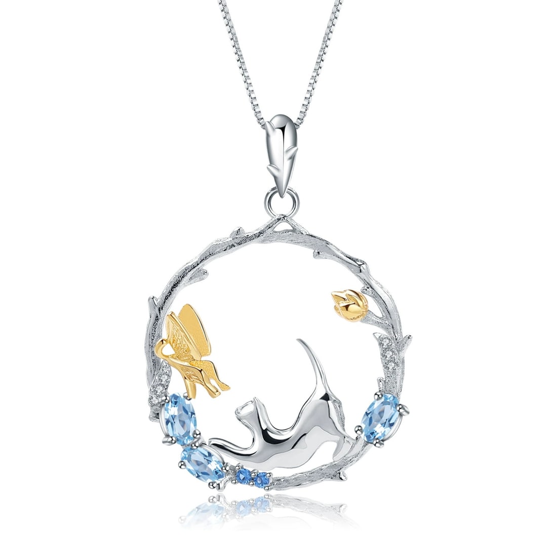 925 Sterling Silver Natural Topaz & Cubic Zirconia Necklace: Ref:260821234 // gold content:925 sterling silver // main gemstone:topaz // shape:oval // carat weight: // color:blue // treatment:natural // // adjacent gemstone 2 : cubic zirconia // shape:round //