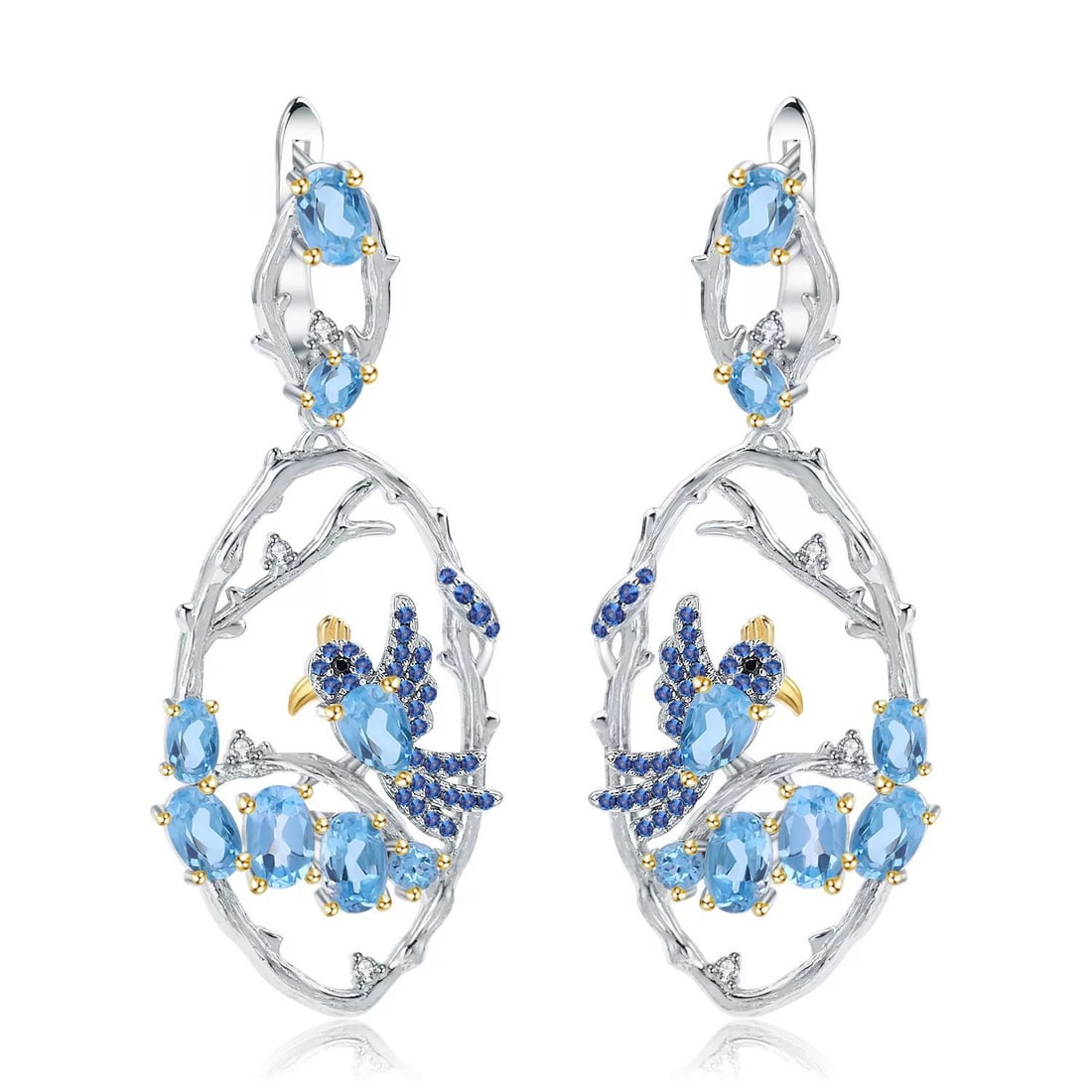 925 Sterling Silver Natural Topaz & Cubic Zirconia & Nano Sapphire & Bird Earrings: Ref:260821236 // gold content:925 sterling silver // main gemstone:topaz // shape:oval // carat weight: // color:blue // treatment:natural // // adjacent gemstone 2 : cubic zirconia // shape:round //