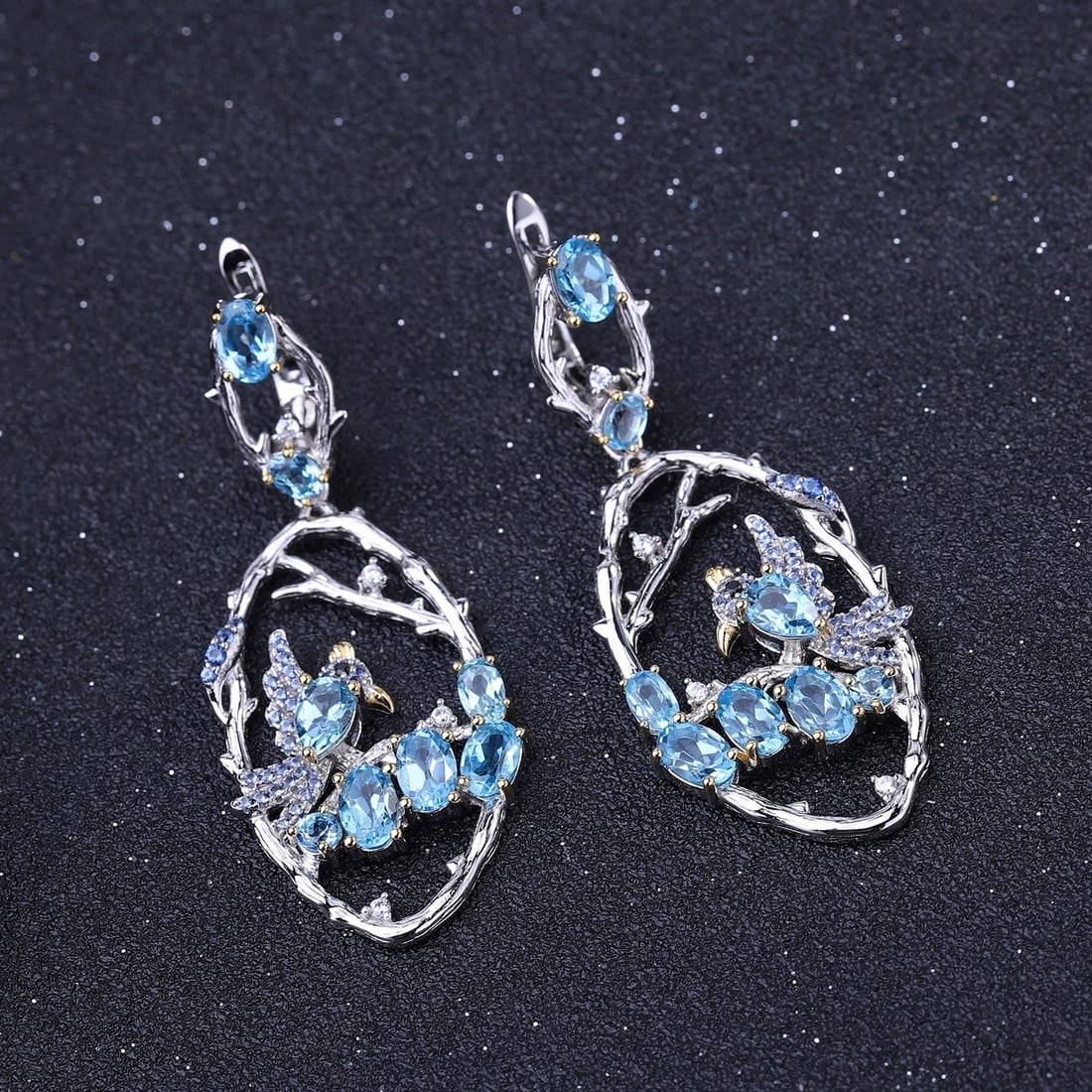 925 Sterling Silver Natural Topaz & Cubic Zirconia & Nano Sapphire & Bird Earrings - 2