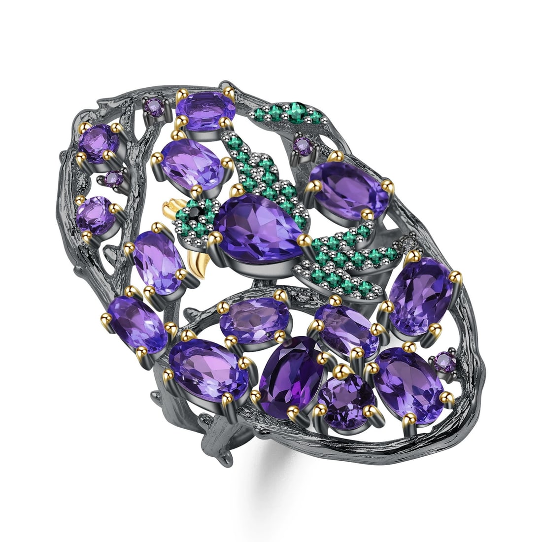 925 Sterling Silver Natural Amethyst & Nano Emerald Ring (1 of 5)