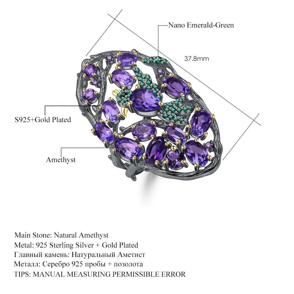 925 Sterling Silver Natural Amethyst & Nano Emerald Ring - 2