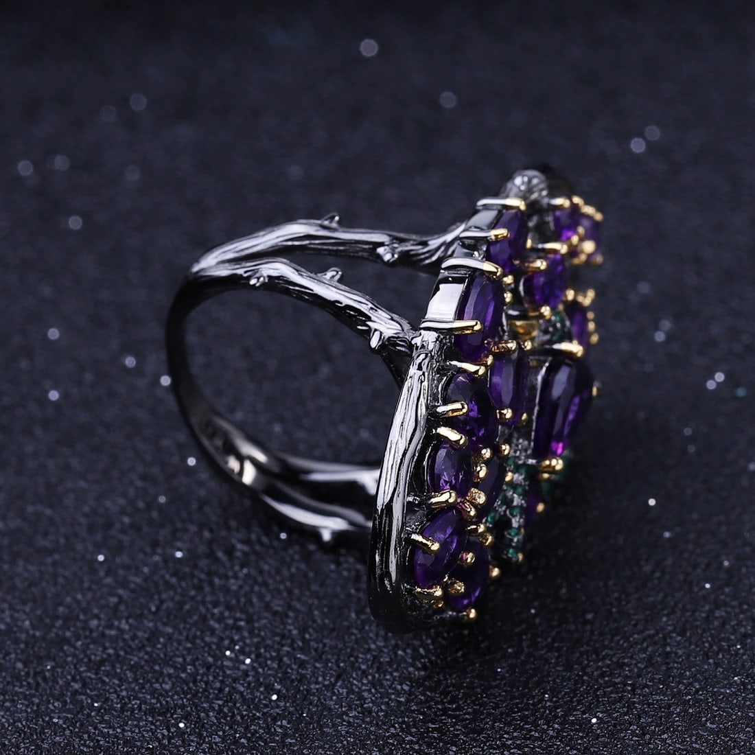 925 Sterling Silver Natural Amethyst & Nano Emerald Ring - 3