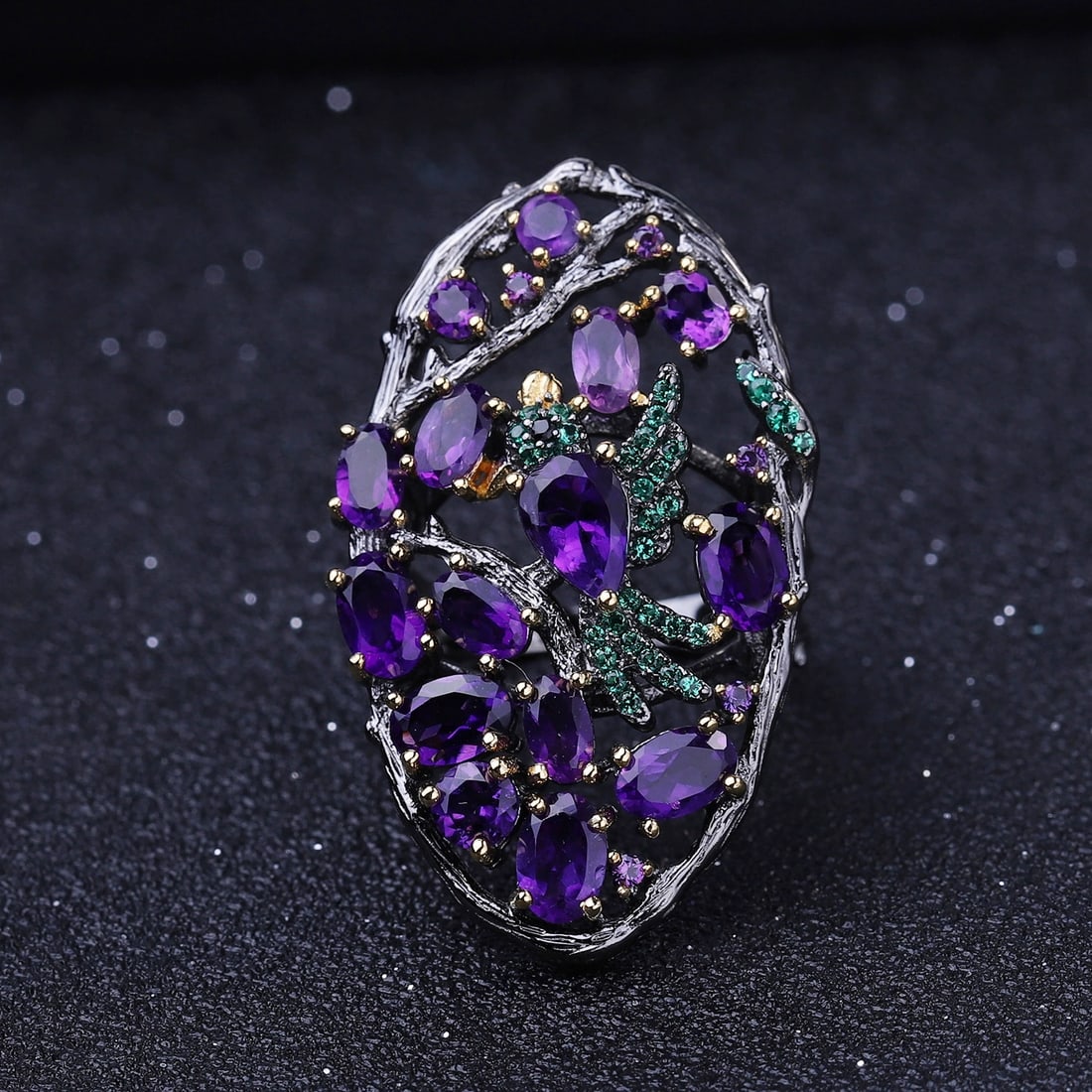 925 Sterling Silver Natural Amethyst & Nano Emerald Ring - 5