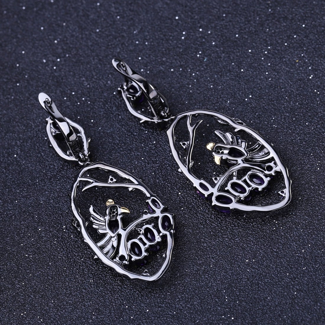 925 Sterling Silver Natural Amethyst & Nano Emerald Earrings - 3