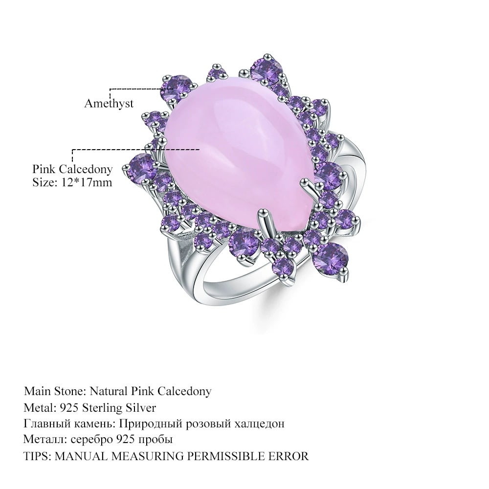 925 Sterling Silver Natural Pink Chalcedony & Amethyst Ring - 2
