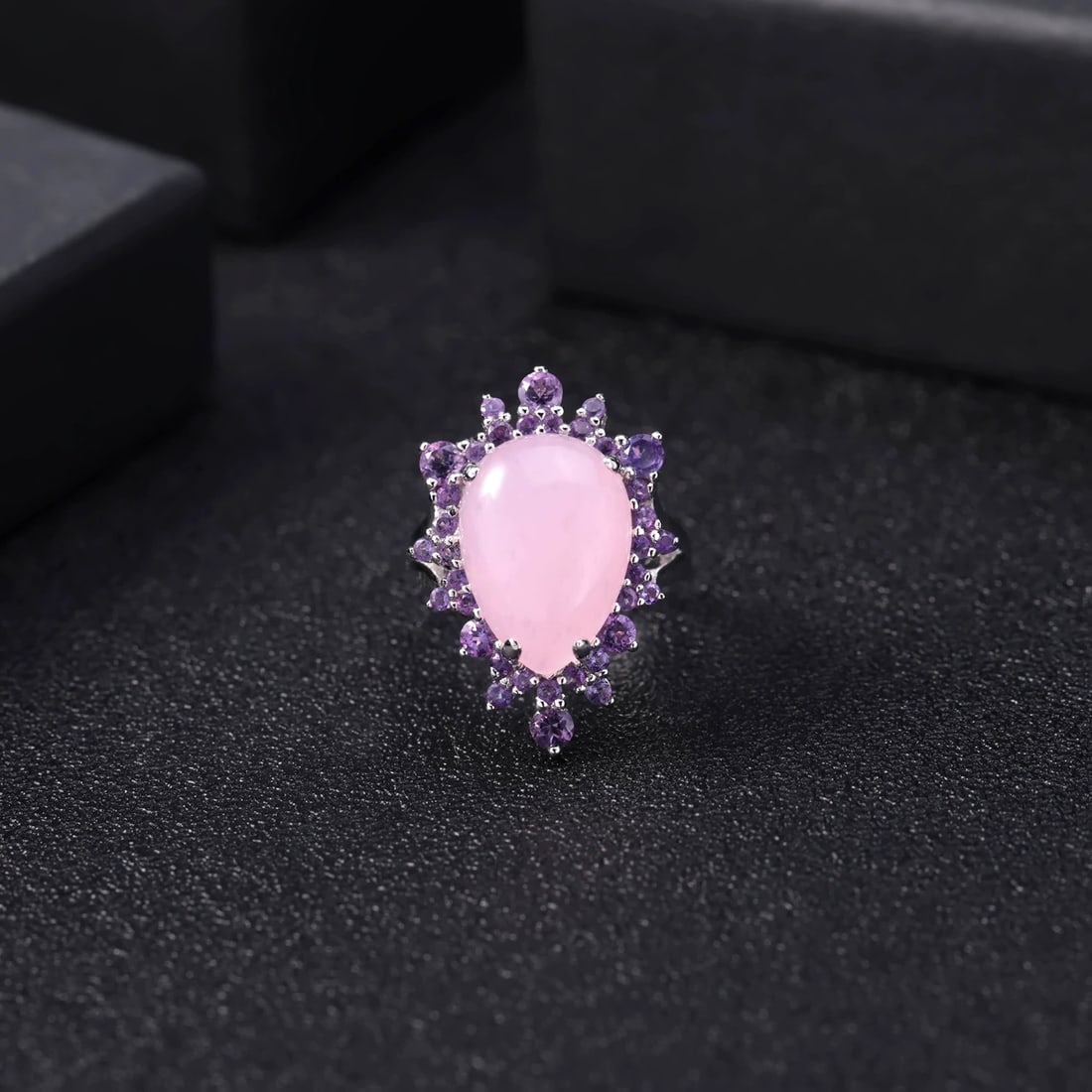 925 Sterling Silver Natural Pink Chalcedony & Amethyst Ring - 3