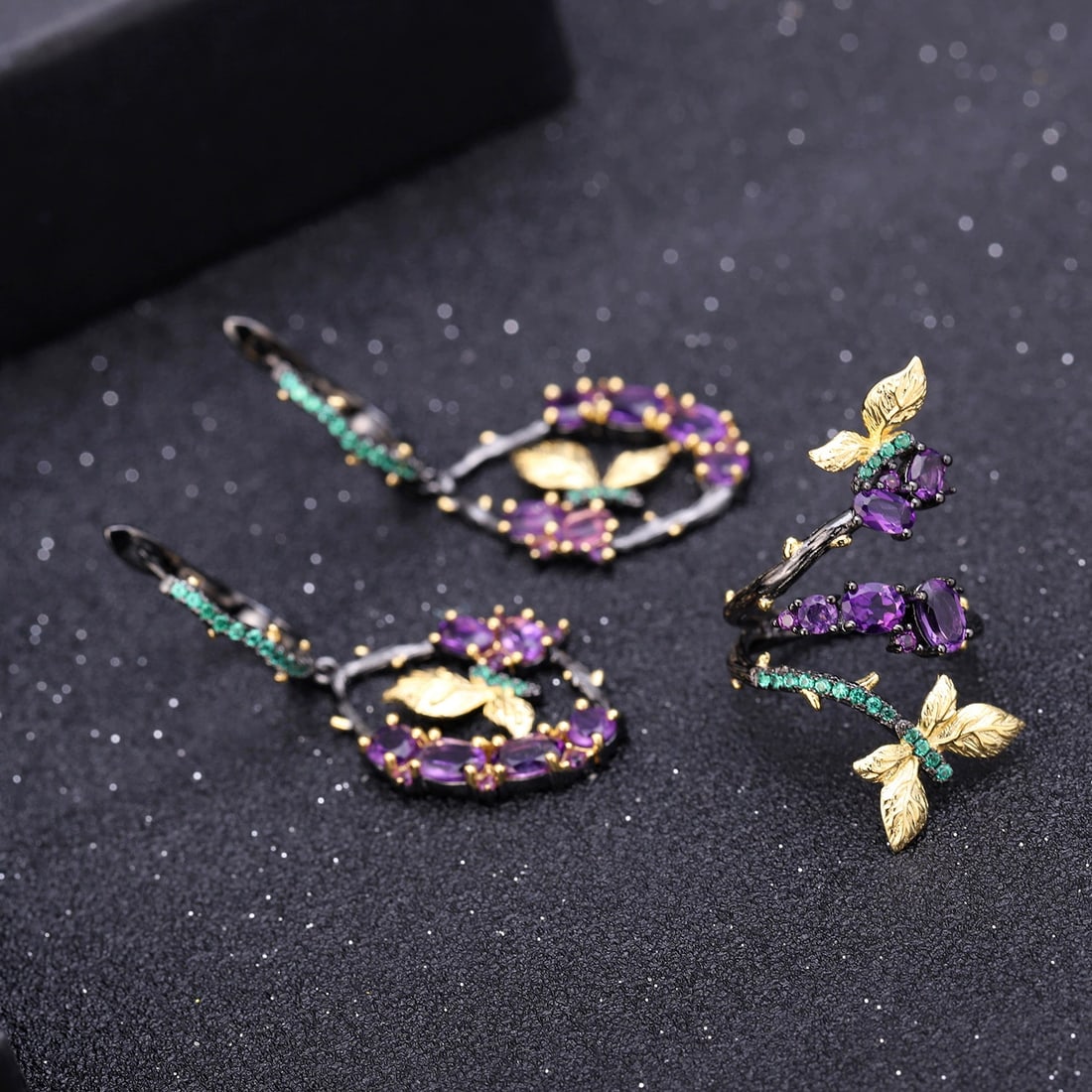 925 Sterling Silver Natural Amethyst & Nano Emerald & Butterfly Earrings - 2