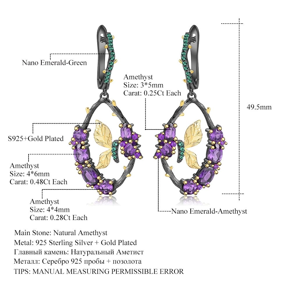 925 Sterling Silver Natural Amethyst & Nano Emerald & Butterfly Earrings - 3