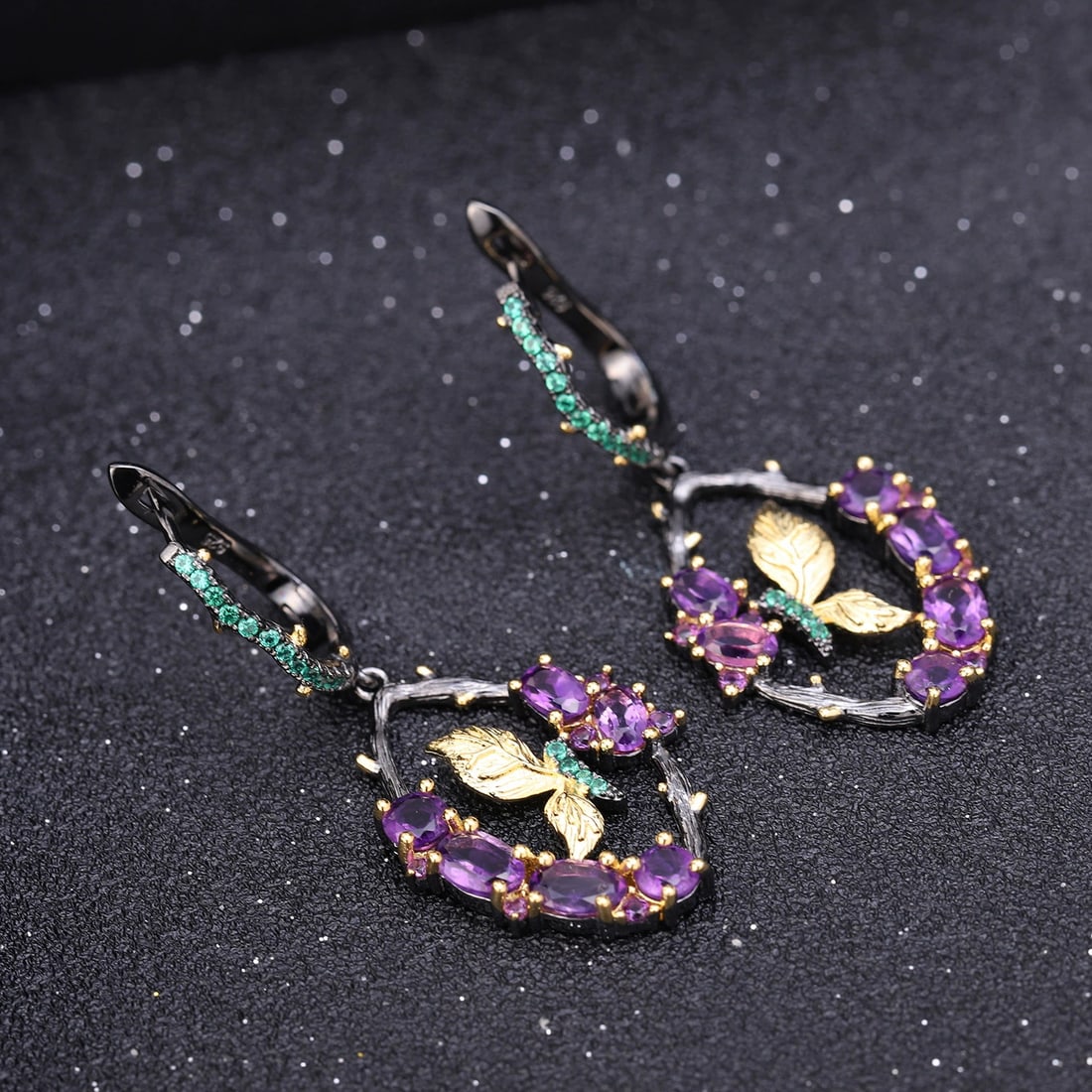 925 Sterling Silver Natural Amethyst & Nano Emerald & Butterfly Earrings - 4