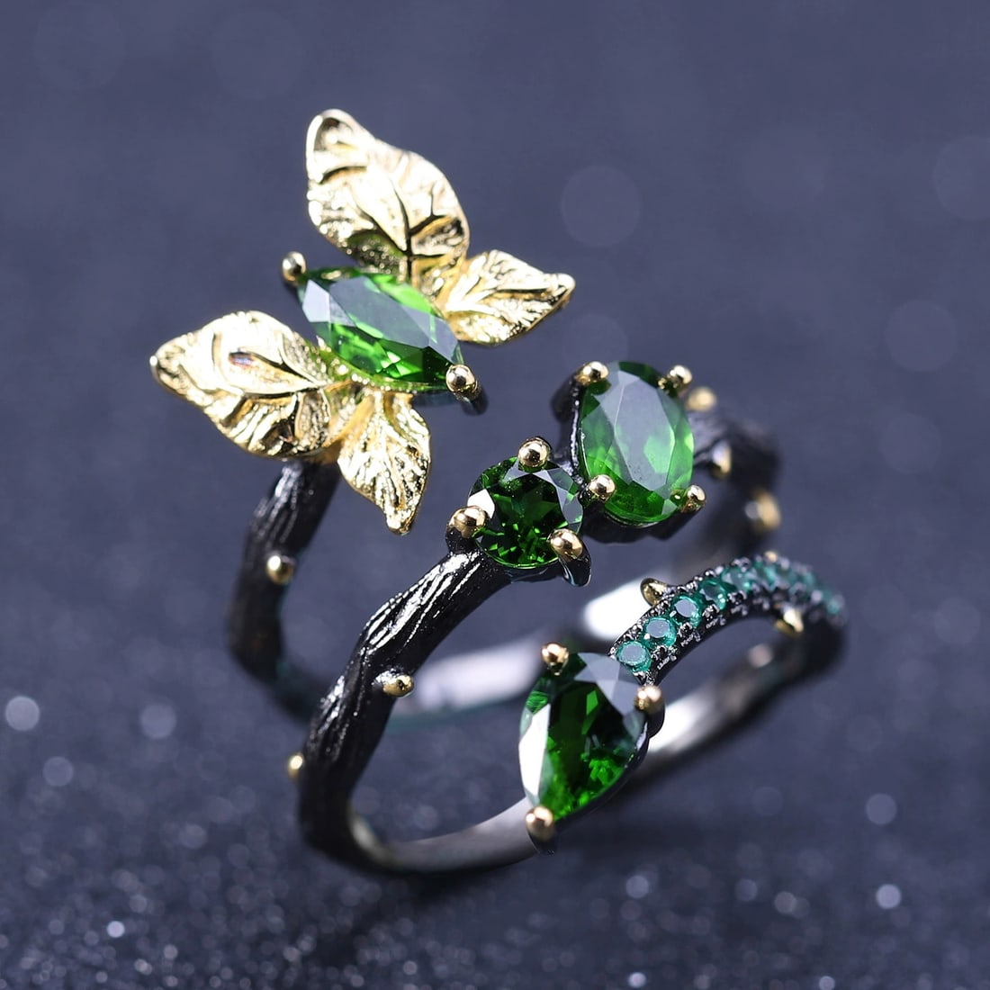 925 Sterling Silver Natural Chrome Diopside & Nano Emerald & Butterfly Ring - 2