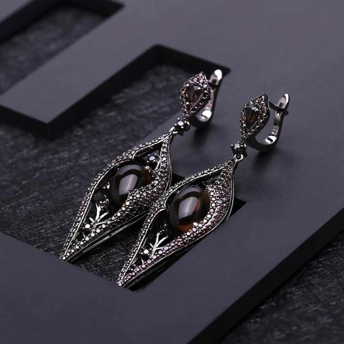 925 Sterling Silver 11.56 Ct Natural Smoky?Quartz & Smoky Cubic Zirconia Earrings - 3