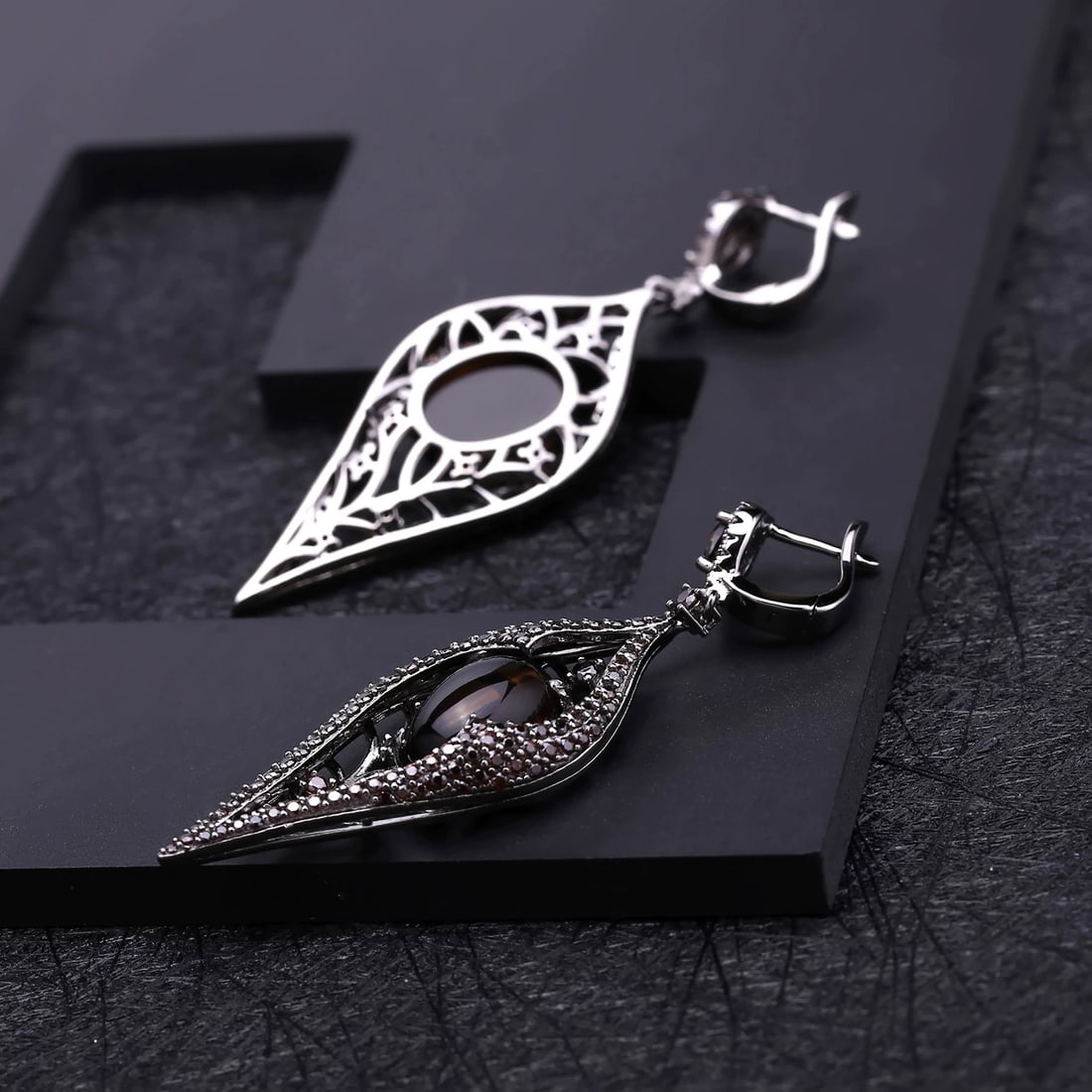 925 Sterling Silver 11.56 Ct Natural Smoky?Quartz & Smoky Cubic Zirconia Earrings - 4