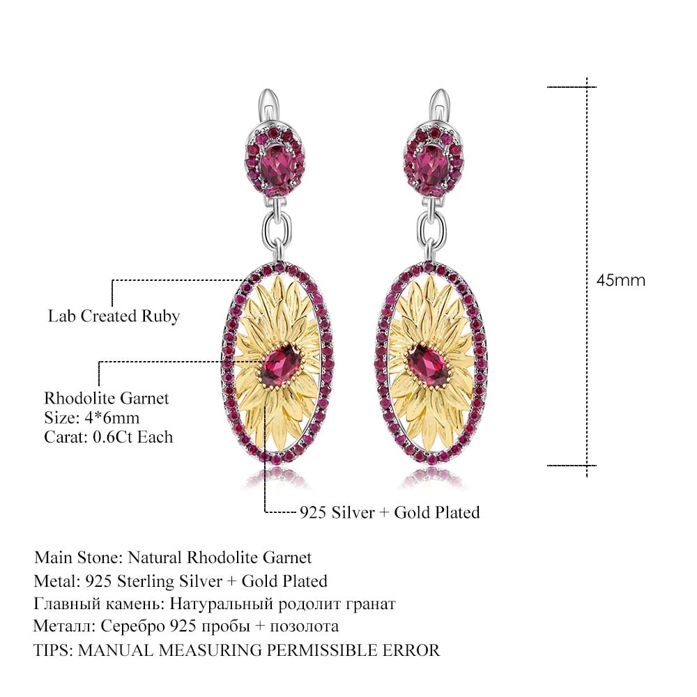 925 Sterling Silver Natural Rhodolite Garnet & Lab Created Ruby Earrings - 2
