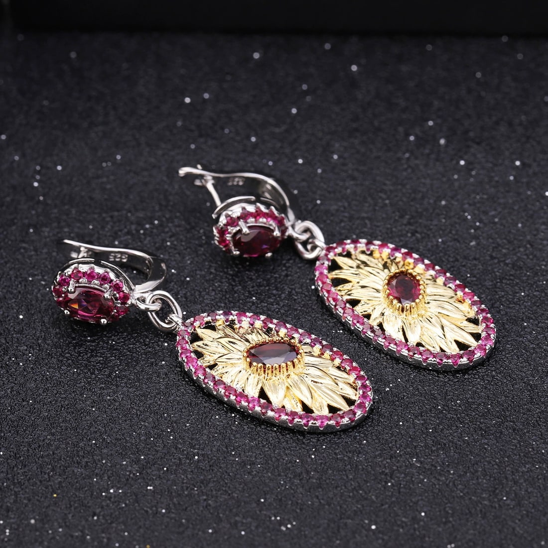 925 Sterling Silver Natural Rhodolite Garnet & Lab Created Ruby Earrings - 3