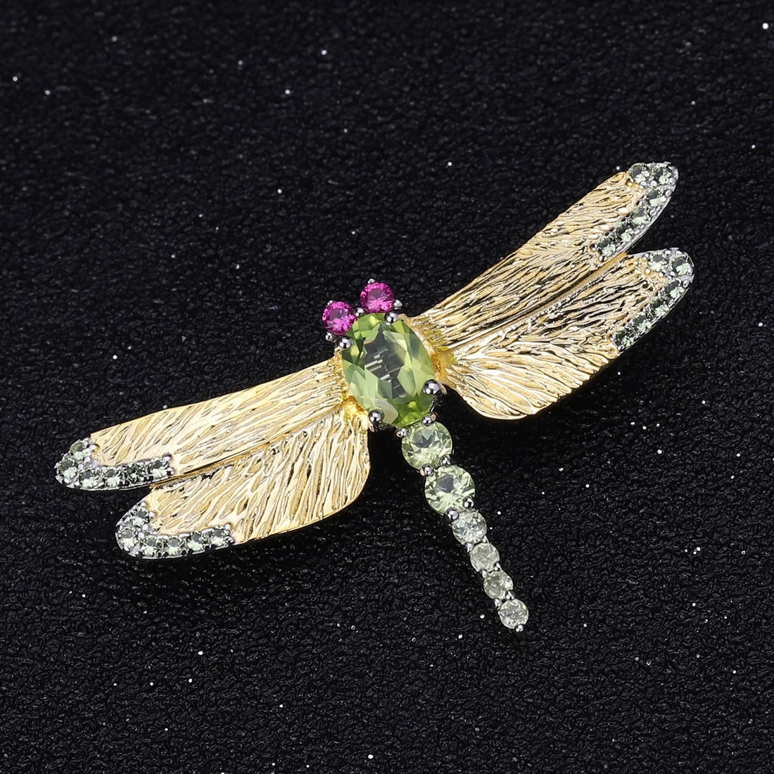 925 Sterling Silver 0.75 Ct Natural Peridot & Lab Created Ruby & Dragonfly Brooch - 2