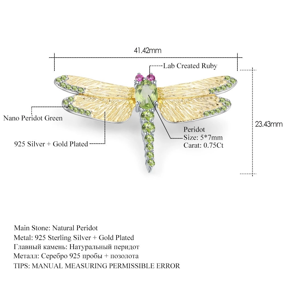 925 Sterling Silver 0.75 Ct Natural Peridot & Lab Created Ruby & Dragonfly Brooch - 3