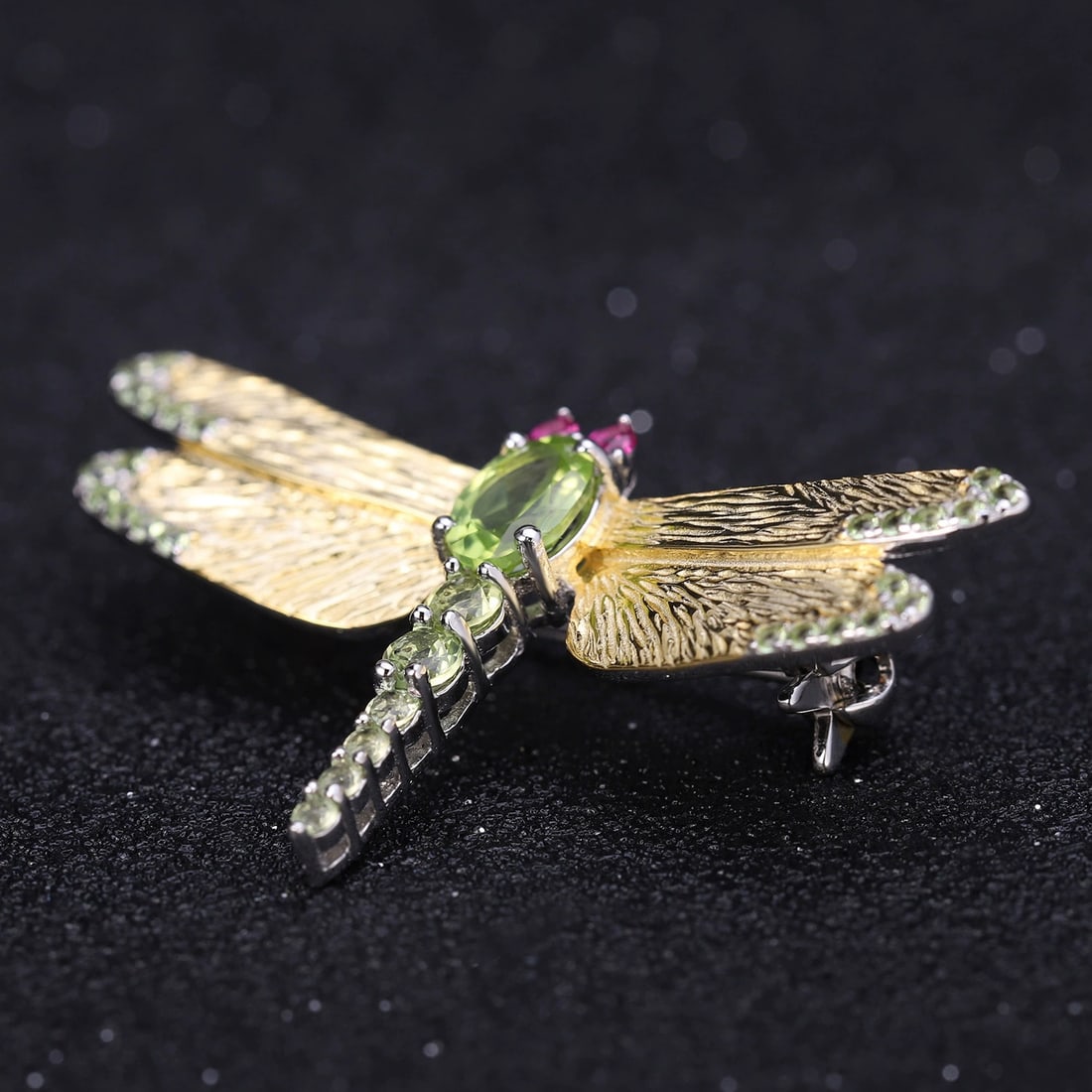 925 Sterling Silver 0.75 Ct Natural Peridot & Lab Created Ruby & Dragonfly Brooch - 4