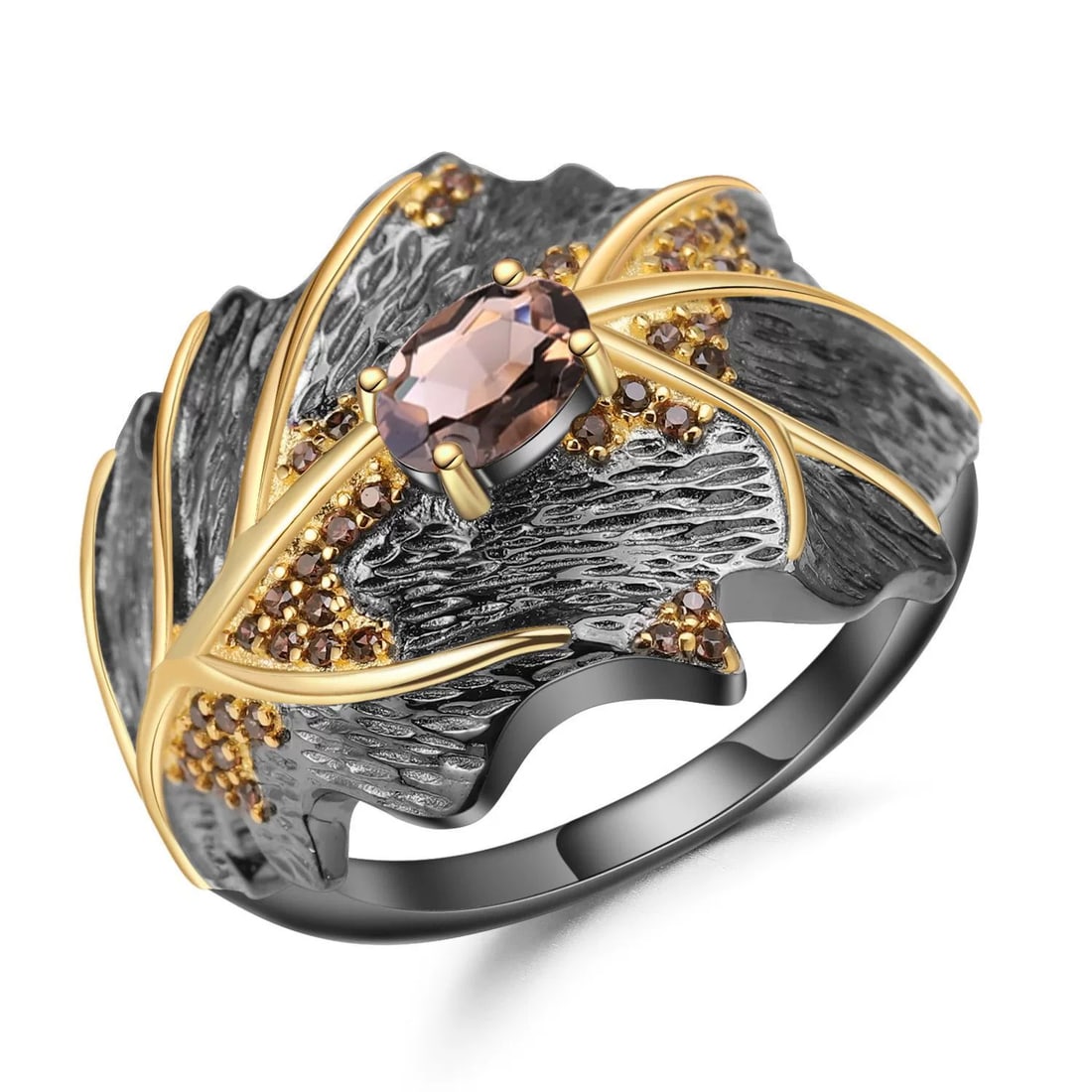 925 Sterling Silver 0.81 Ct Natural Citrine & Smoky Cubic Zirconia Ring - 5