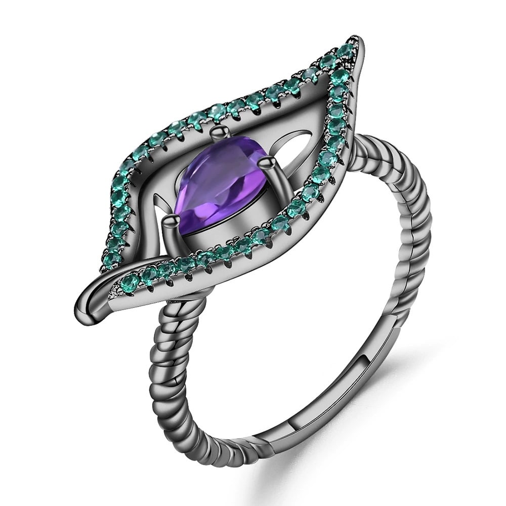925 Sterling Silver 0.70 Ct Natural Amethyst & Nano Emerald Ring: Ref:260821252 // gold content:925 sterling silver // ring size:7. 25us // // main gemstone:amethyst // shape:pear // carat weight:0. 70ct // color:purple // treatment:natural // // adjacent gemstone