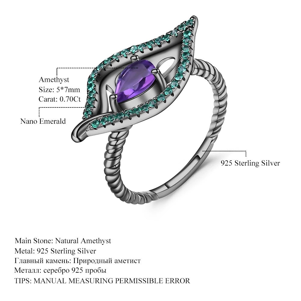 925 Sterling Silver 0.70 Ct Natural Amethyst & Nano Emerald Ring - 2