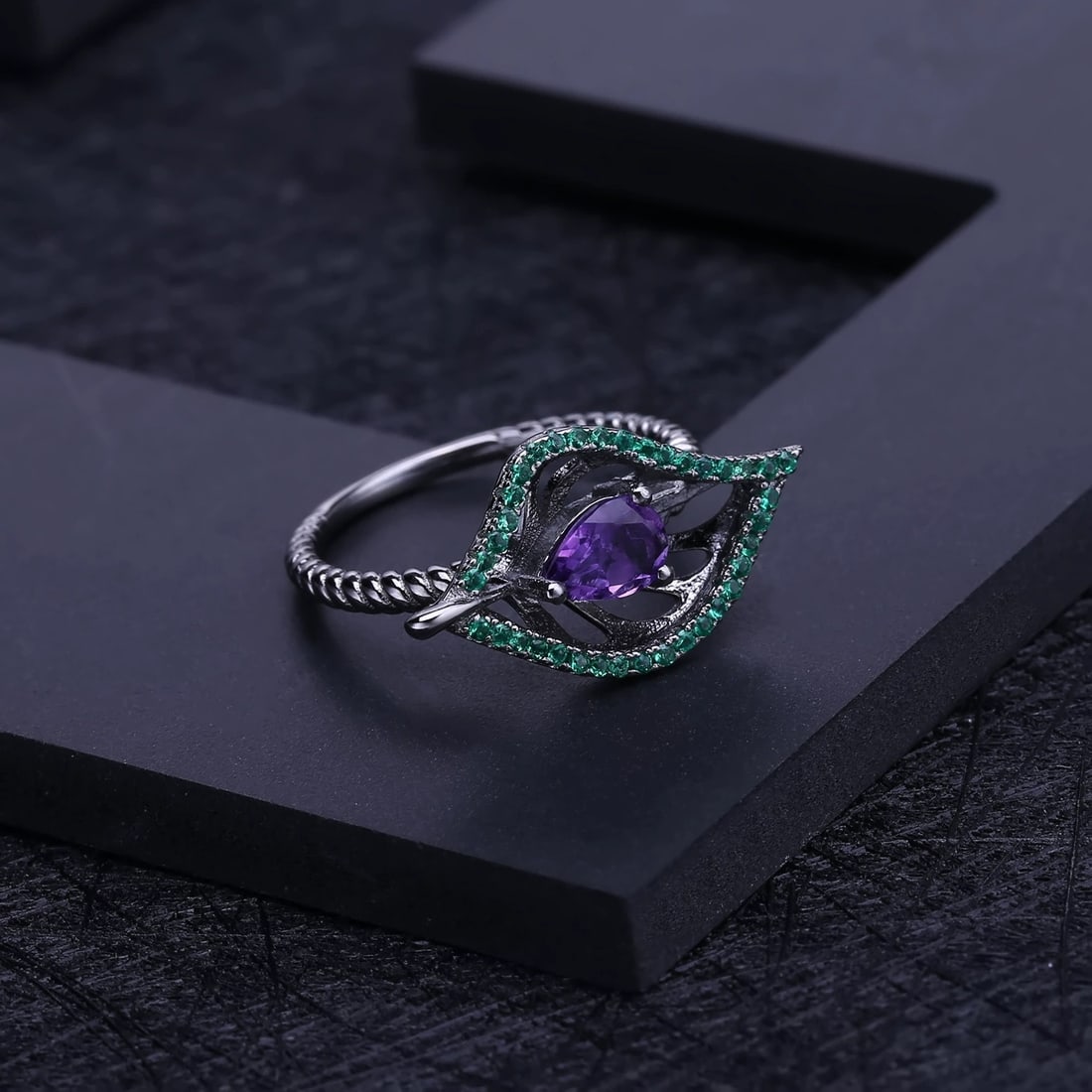 925 Sterling Silver 0.70 Ct Natural Amethyst & Nano Emerald Ring - 3