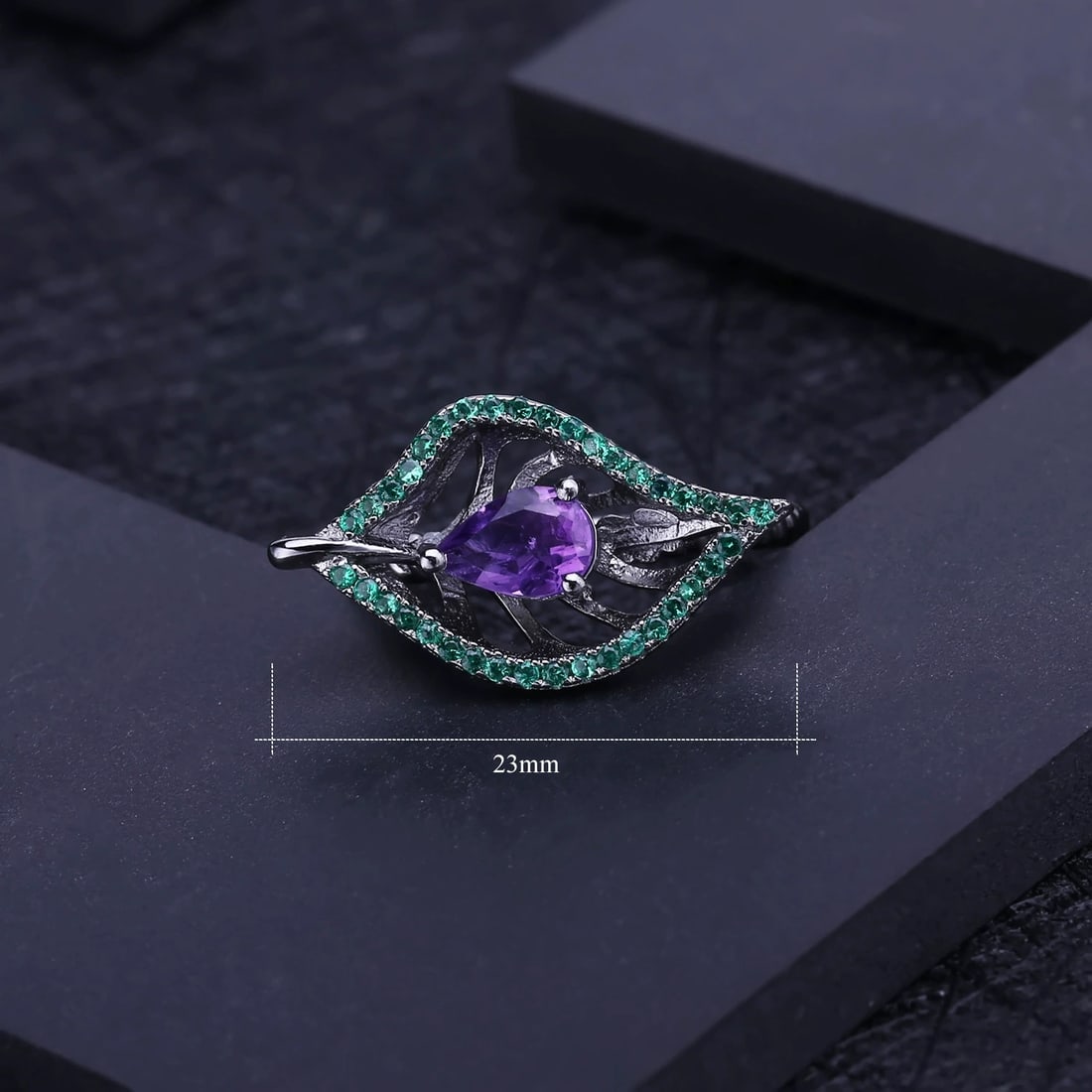 925 Sterling Silver 0.70 Ct Natural Amethyst & Nano Emerald Ring - 5