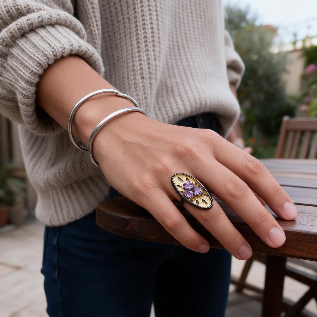 925 Sterling Silver Natural Amethyst Ring - 4