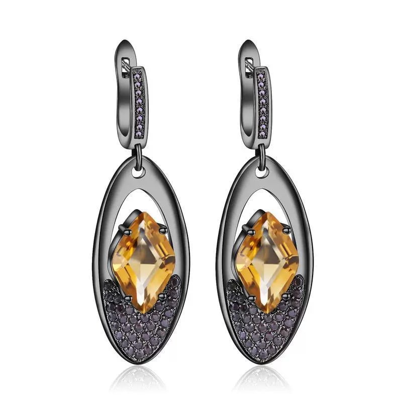 925 Sterling Silver Natural Citrine & Smoky Cubic Zirconia Earrings: Ref:260821258 // gold content:925 sterling silver // main gemstone:citrine // shape:rhombic // carat weight: // color:yellow // treatment:natural // // adjacent gemstone 2 : smoky cubic zirconia //