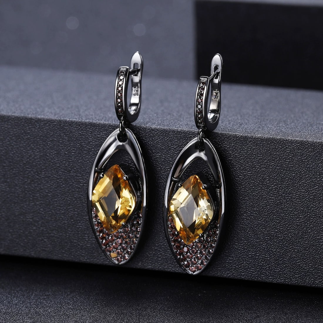 925 Sterling Silver Natural Citrine & Smoky Cubic Zirconia Earrings - 3