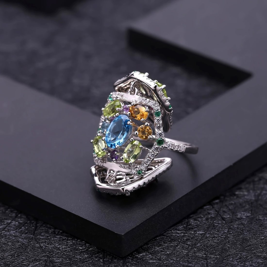 925 Sterling Silver Natural Topaz & Peridot & Rhodolite Garnet & Citrine & Amethyst Ring - 2