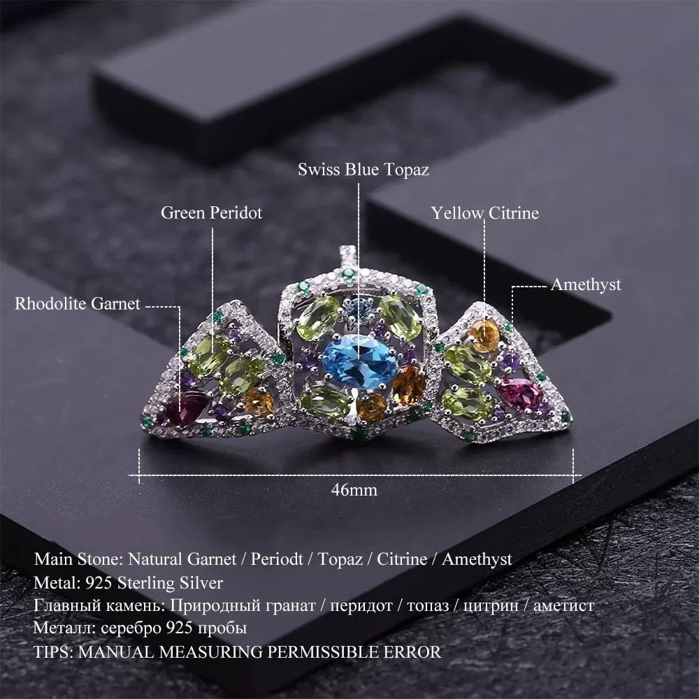 925 Sterling Silver Natural Topaz & Peridot & Rhodolite Garnet & Citrine & Amethyst Ring - 4
