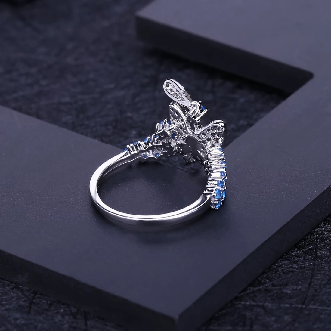 925 Sterling Silver Nano Swiss Blue & Cubic Zirconia & Butterfly Ring - 2