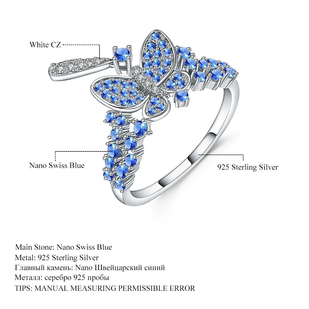 925 Sterling Silver Nano Swiss Blue & Cubic Zirconia & Butterfly Ring - 4