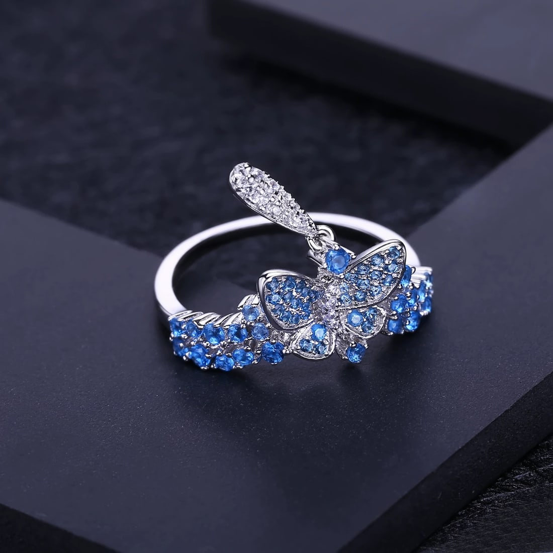 925 Sterling Silver Nano Swiss Blue & Cubic Zirconia & Butterfly Ring - 5