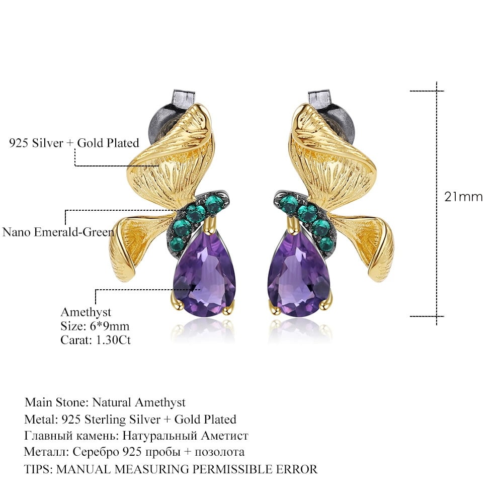 925 Sterling Silver 2.6 Ct Natural Amethyst & Nano Emerald & Butterfly Earrings - 2