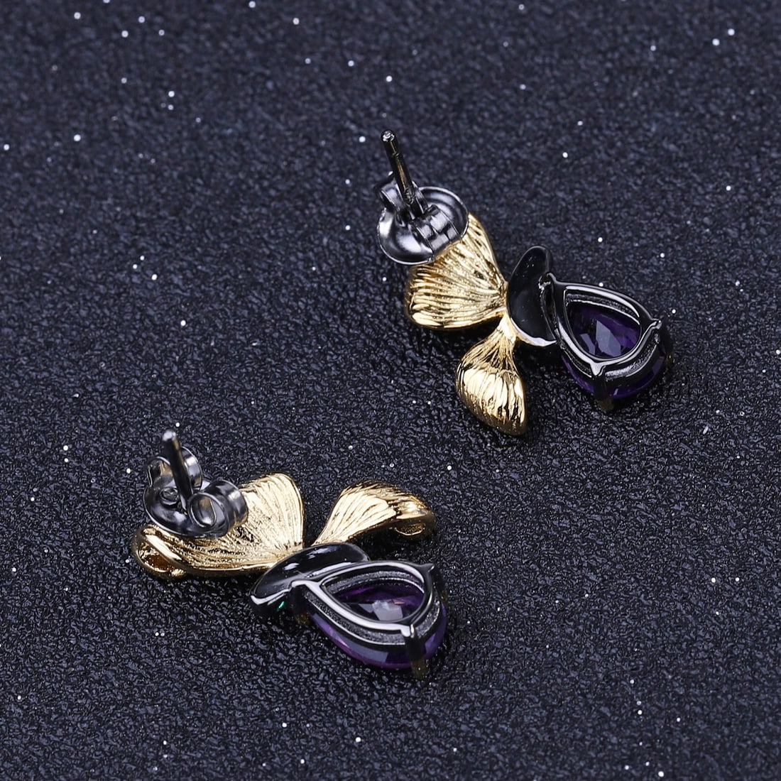 925 Sterling Silver 2.6 Ct Natural Amethyst & Nano Emerald & Butterfly Earrings - 3