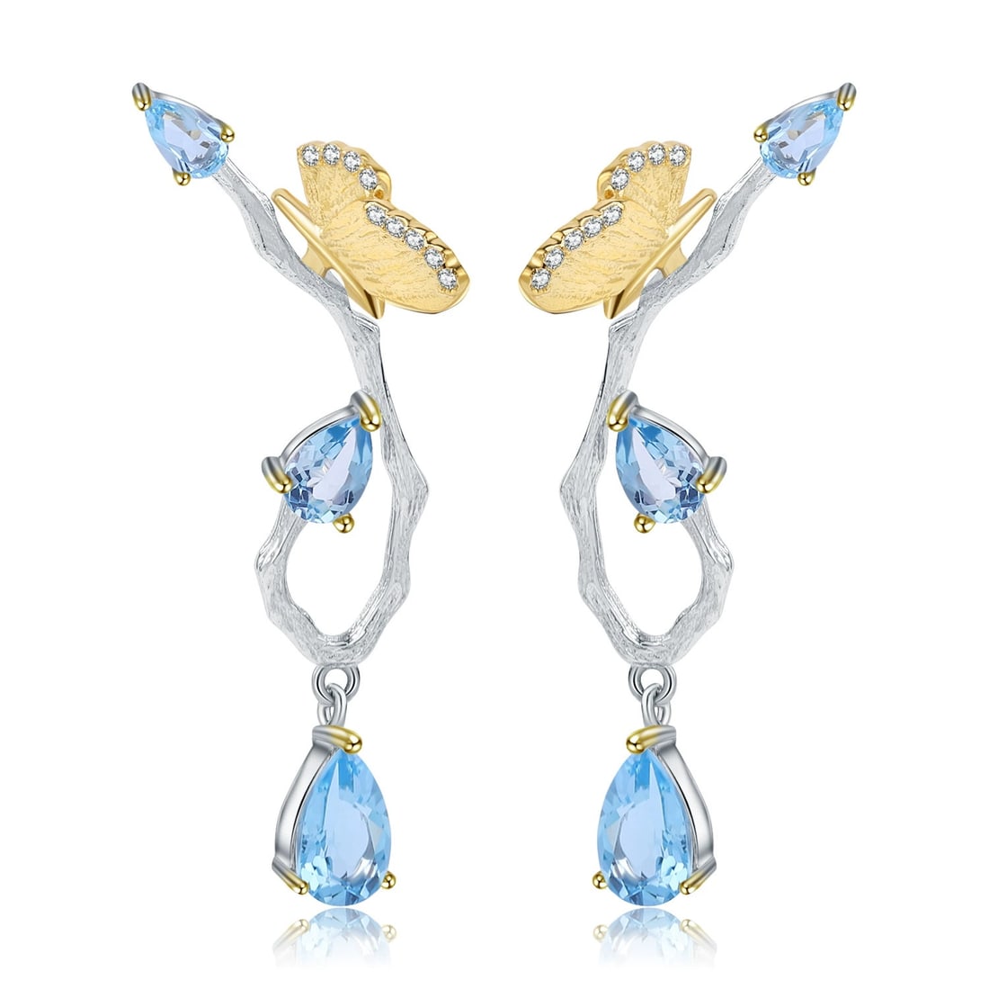925 Sterling Silver Natural Topaz & Cubic Zirconia & Butterfly Earrings: Ref:260821265 // gold content:925 sterling silver // main gemstone:topaz // shape:pear // carat weight: // color:blue // treatment:natural // // adjacent gemstone 2 : cubic zirconia // shape:round //