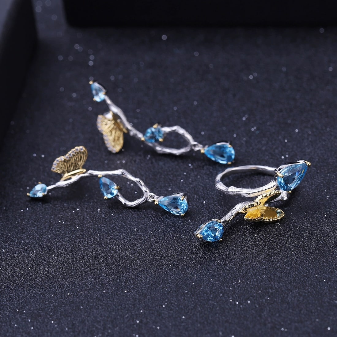 925 Sterling Silver Natural Topaz & Cubic Zirconia & Butterfly Earrings - 2