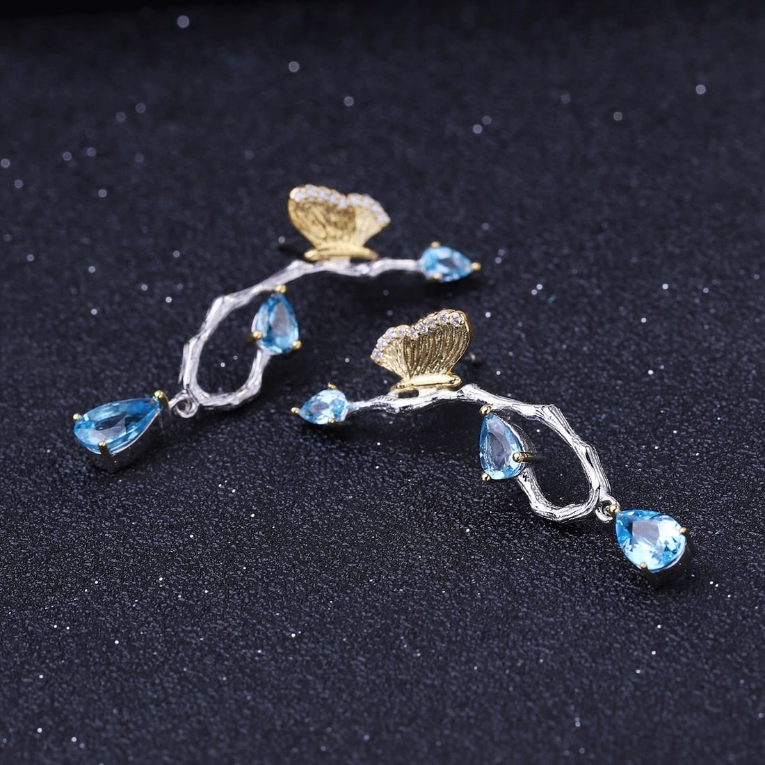 925 Sterling Silver Natural Topaz & Cubic Zirconia & Butterfly Earrings - 3