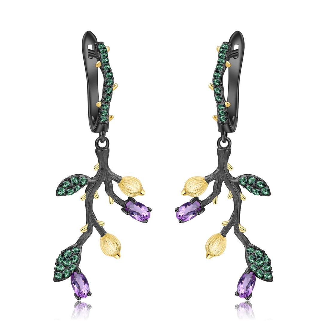 925 Sterling Silver 1.00 Ct Natural Amethyst & Nano Emerald Earrings: Ref:260821266 // gold content:925 sterling silver // main gemstone:amethyst // number of stones:4 // shape:oval // carat weight:1. 00ct // color:purple // treatment:natural // // adjacent gemstone 2 :
