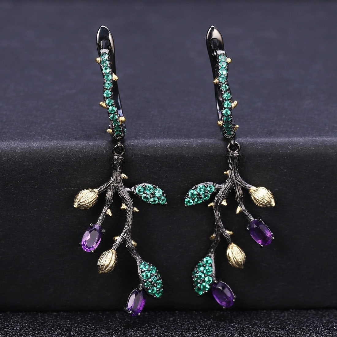 925 Sterling Silver 1.00 Ct Natural Amethyst & Nano Emerald Earrings - 3