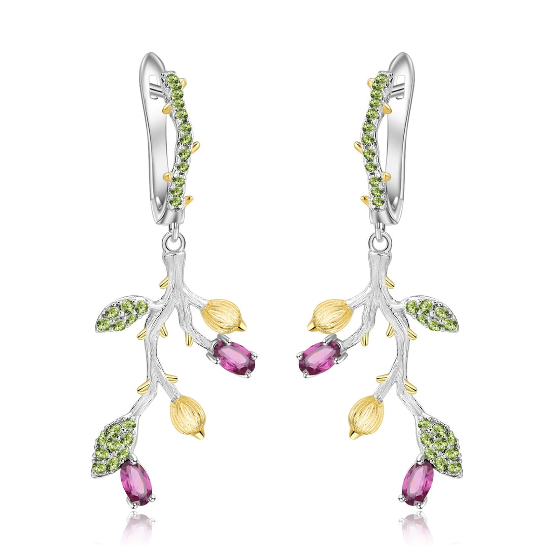 925 Sterling Silver 1.24 Ct Natural Rhodolite Garnet & Nano Peridot Earrings: Ref:260821267 // gold content:925 sterling silver // main gemstone:rhodolite garnet // number of stones:4 // shape:oval // carat weight:1. 24ct // color:red // treatment:natural // // adjacent