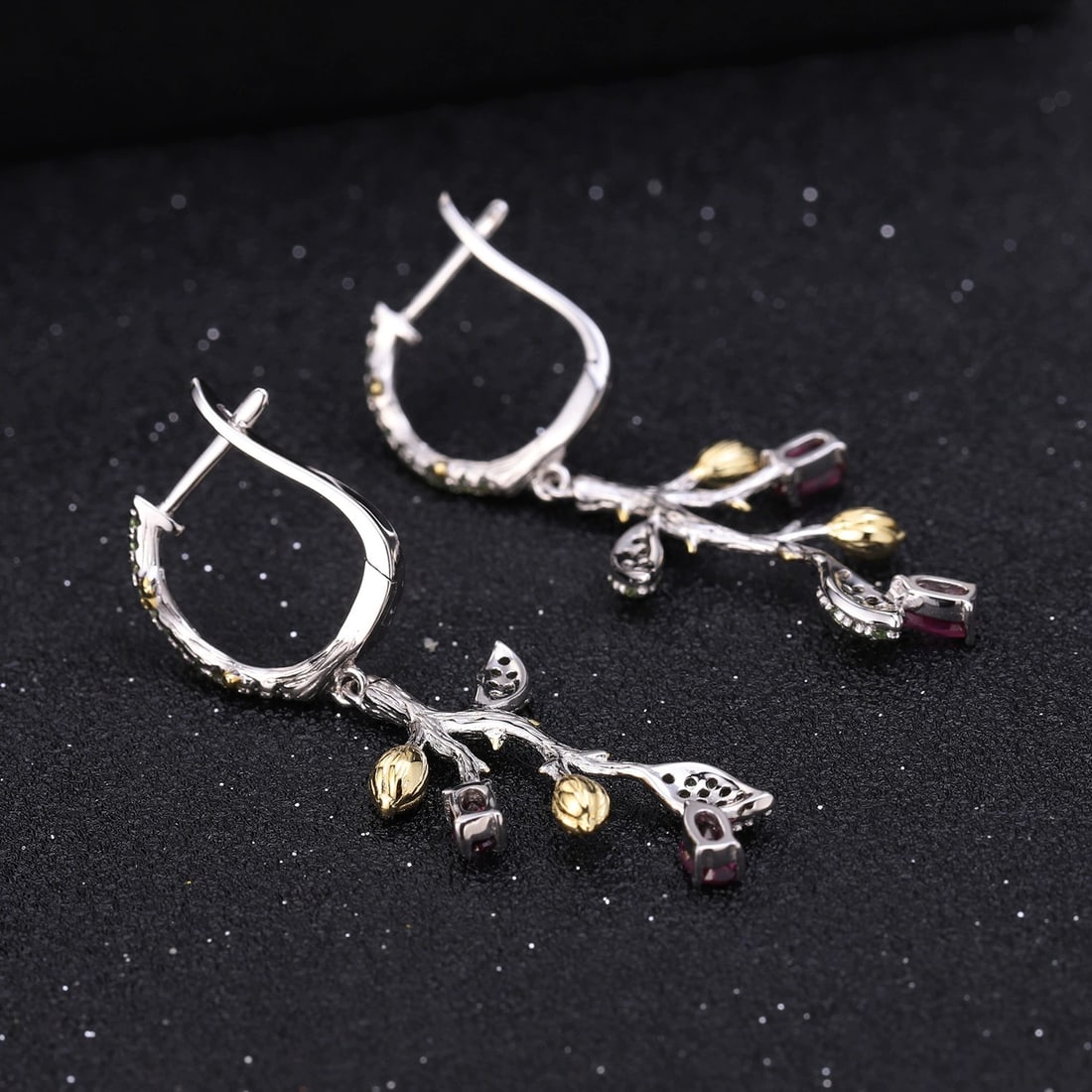 925 Sterling Silver 1.24 Ct Natural Rhodolite Garnet & Nano Peridot Earrings - 4
